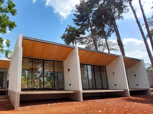 modern private residence with wooden soffits and floor-to-ceiling glass